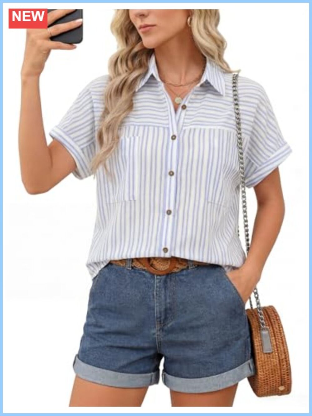 Womens Short Sleeve Button Down Shirt Gingham with Pockets Oversized